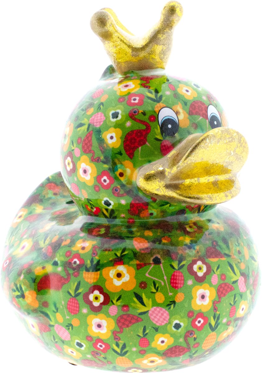 Eend Big Ducky XL spaarpot | Koningseend - Groen met flamingos | Pomme pidou